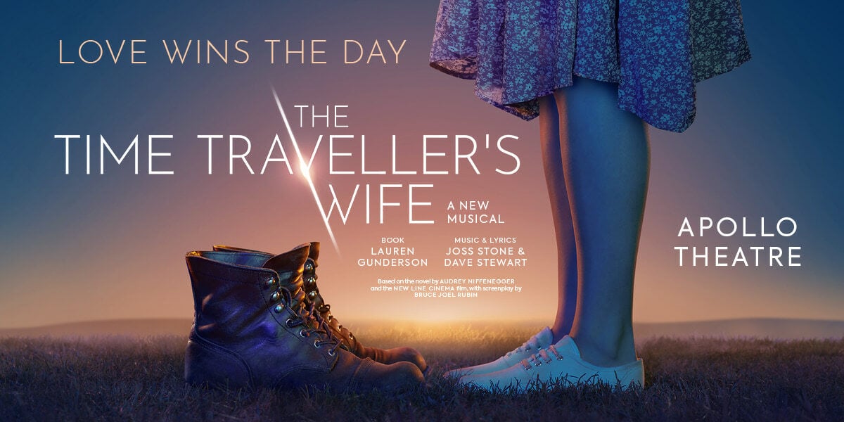 Text: The Time Traveller's Wife - A New Musical. Apollo Theatre. Image of a womans feet wearing trainers stood in front of a pair of boots.