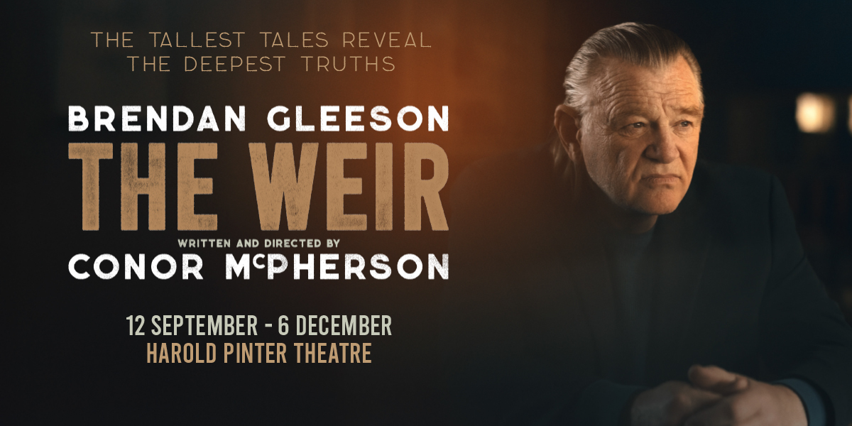 The Weir. Brendan Gleeson looks into the distance, a brown background behind.