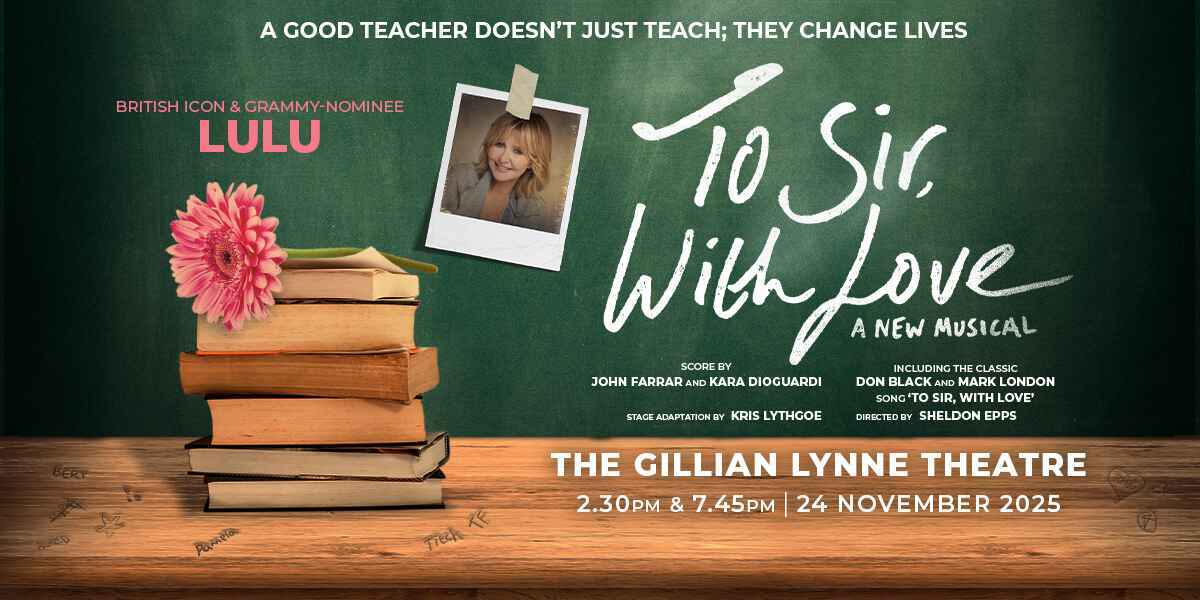 Image: A chalkboard backdrop with a teacher's desk and stacked books in the foreground Text: To Sir With Love