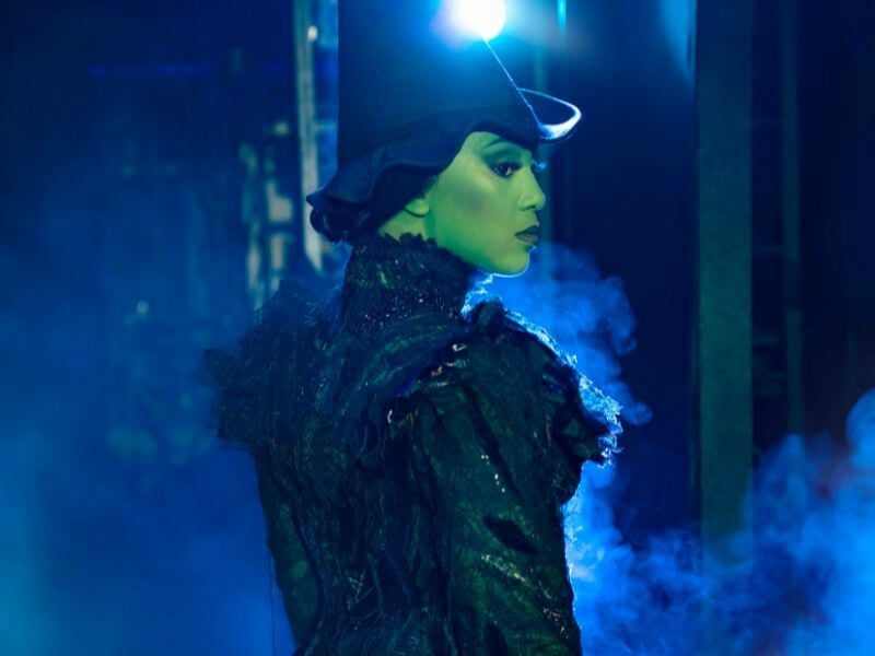 Production image of Alexia Khadime (Elphaba) in Wicked in London. Photo by Matt Crockett.