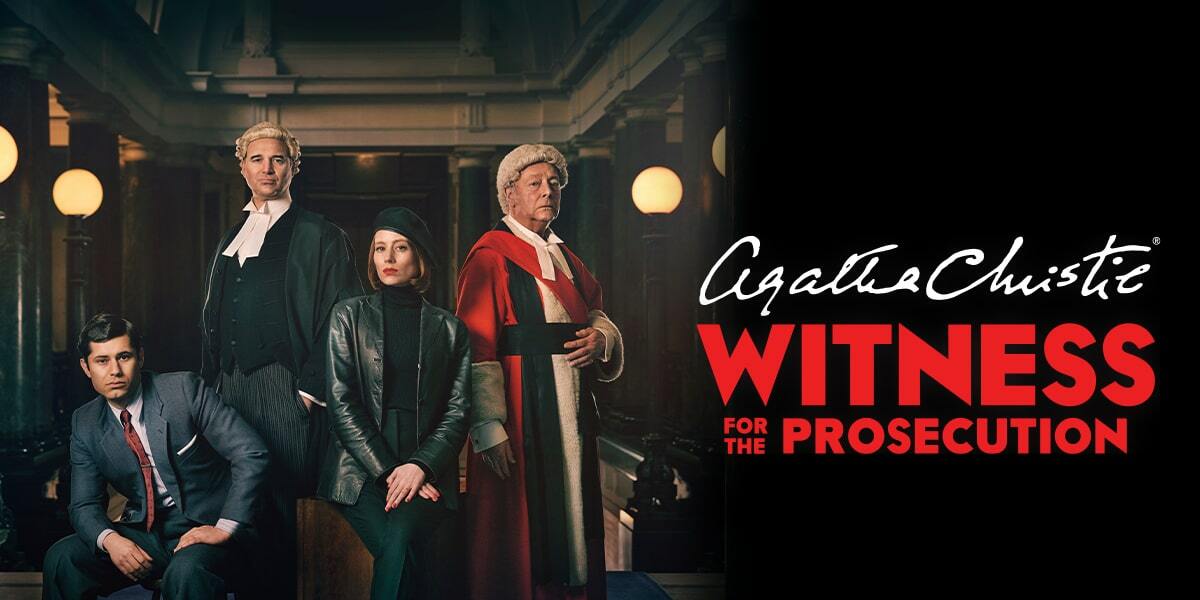 Text: Agatha Christie Witness for the Prosecution.. Image: A courtroom scene featuring two judges, a woman dressed all in black wearing a beret and a man in a suit and tie.,