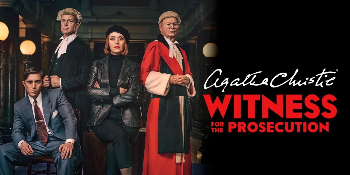 Text: Agatha Christie Witness for the Prosecution.. Image: A courtroom scene featuring two judges, a woman dressed all in black wearing a beret and a man in a suit and tie.,