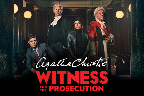 Text: Agatha Christie Witness for the Prosecution.. Image: A courtroom scene featuring two judges, a woman dressed all in black wearing a beret and a man in a suit and tie.,