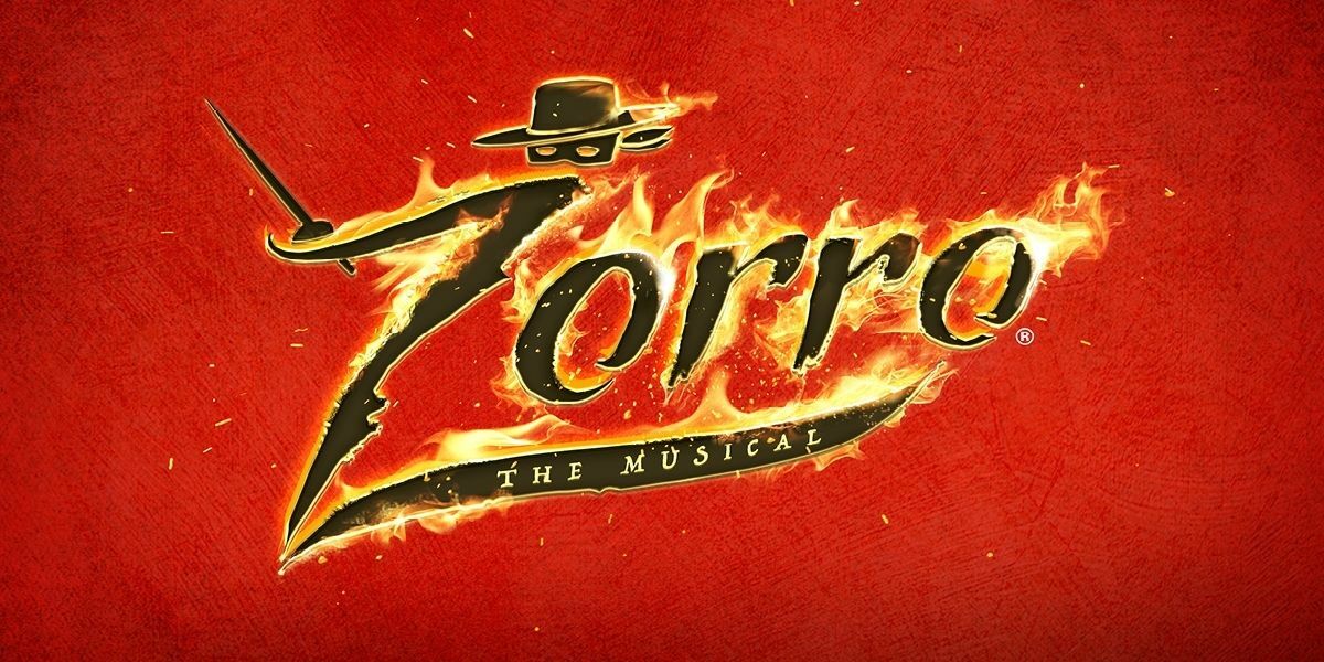 Red background. Text: Zorro the Musical. (The words are on fire and there is a hat and a mask above the Z) 