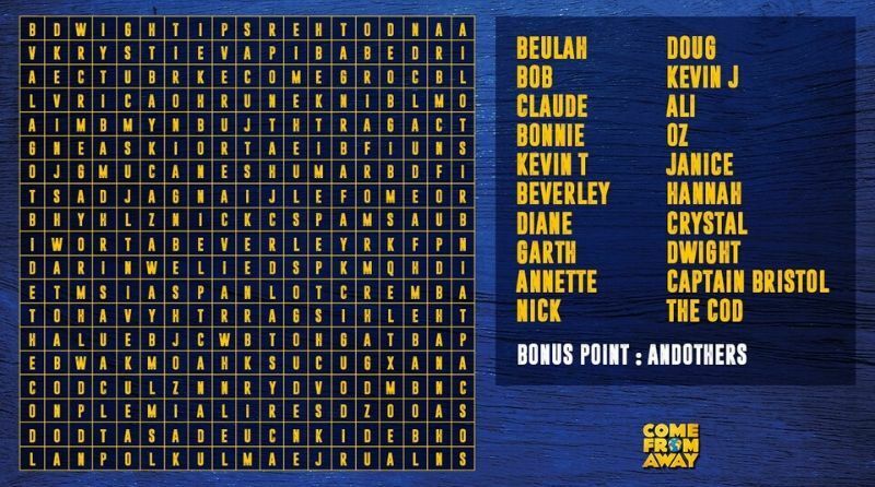 Pass the time in quarantine with this fun Come From Away word search!