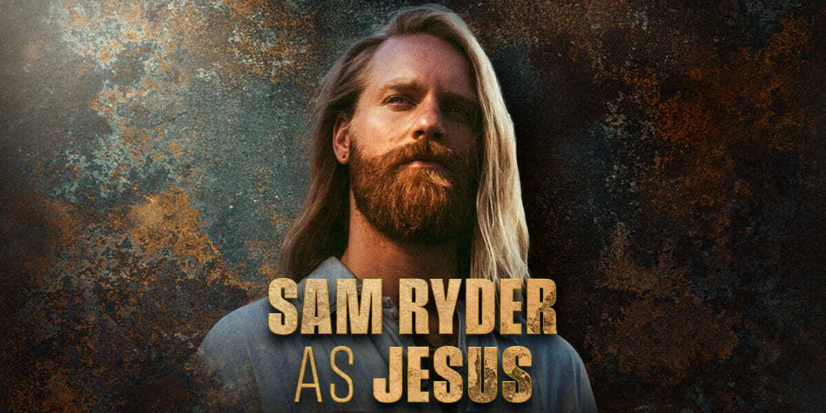 Image of Sam Ryder gazing out, not quite looking at the camera, with the text 'Sam Ryder as Jesus' overlaid
