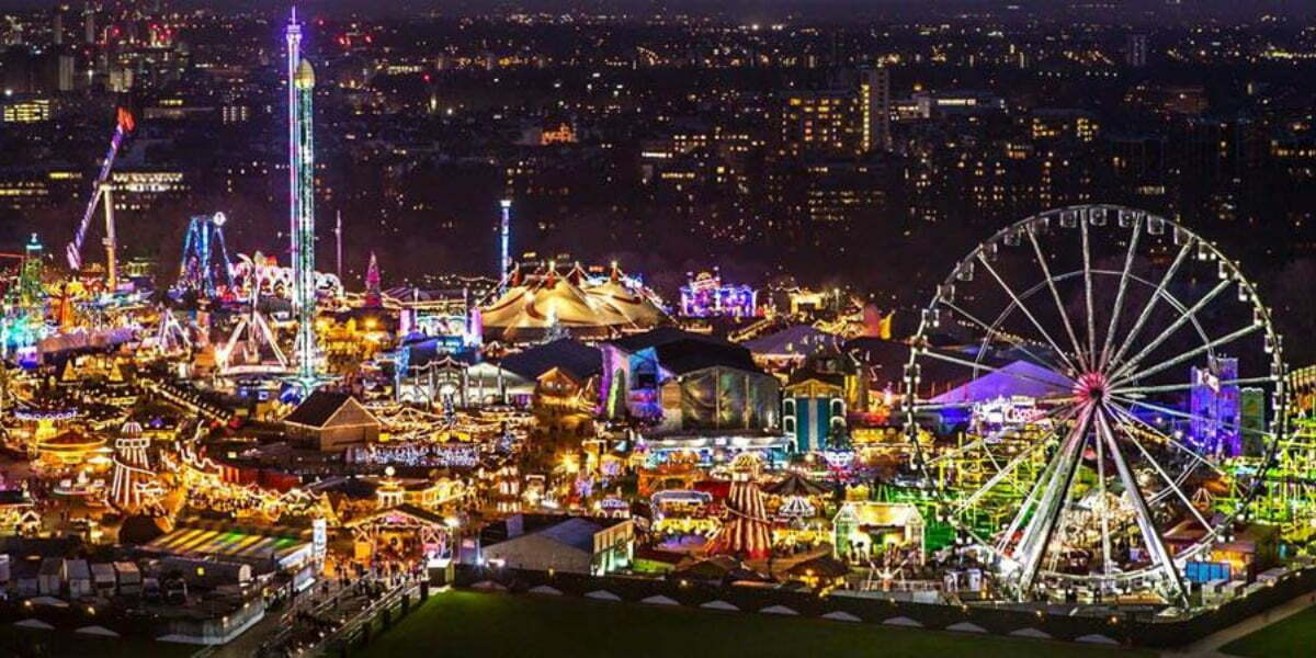 Hyde Park Winter Wonderland all lit up at night