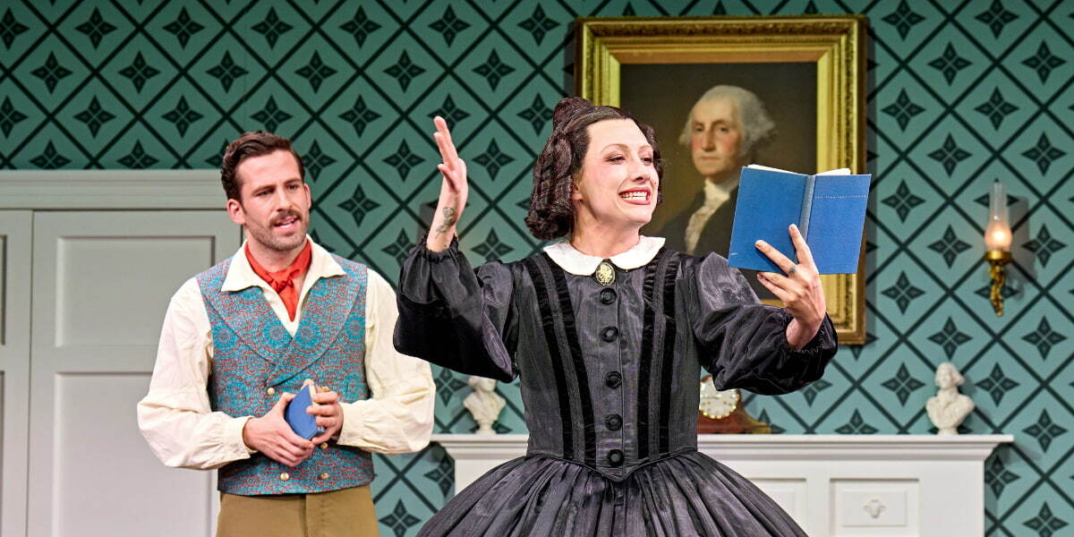 Mason Alexander Park recites poetry, dressed as Mary Todd Lincoln in the play Oh, Mary!