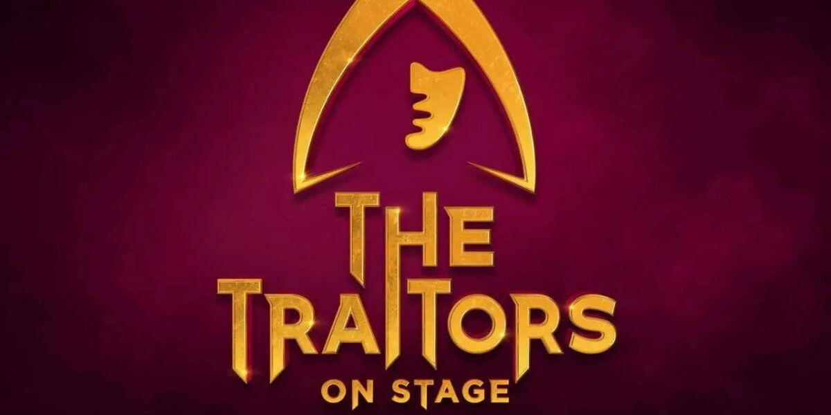 The Traitors On Stage artwork in the standard maroon and orange branding and logo of a traitor in the iconic hood