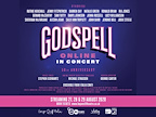 Poster for "Godspell: Online in Concert," celebrating its 50th anniversary. Streaming details are provided.