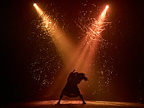 A performer dances dramatically under orange stage lights. The backdrop features intricate, shadowy patterns.