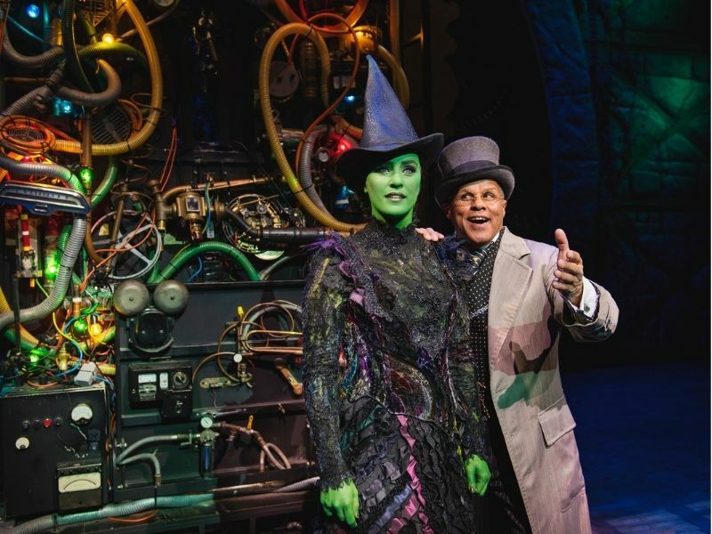 Production shot of Lucie Jones as Elphaba and Gary Wilmot as the Wizard in Wicked in London