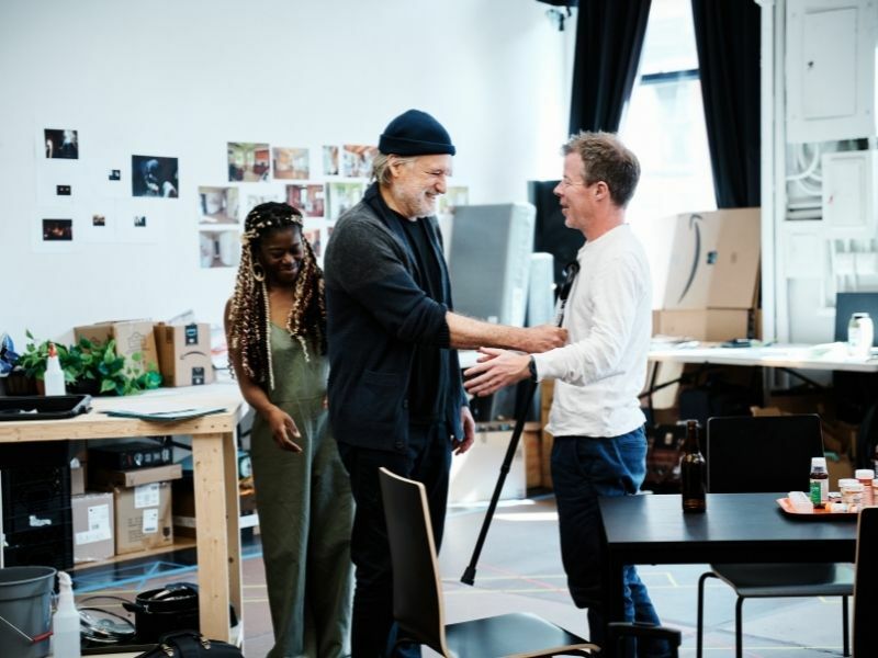 (L-R) Akiya Henry (Lillian), Bill Pullman (Daniel) and Stephen Wight (Nedward) in Mad House rehearsals. Photo credit Jenny Anderson.