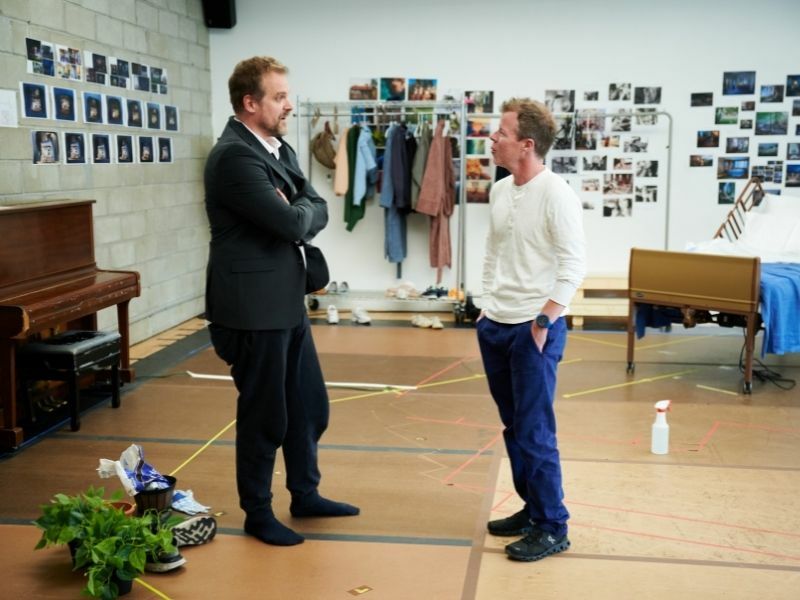 (L-R) David Harbour (Michael) and Stephen Wight (Nedward) in Mad House rehearsals. Photo credit Jenny Anderson.