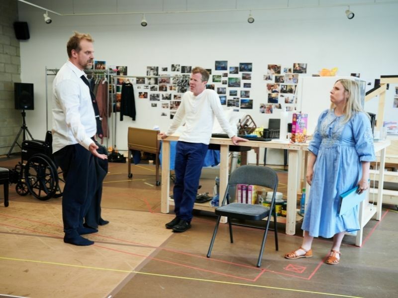 (L-R) David Harbour (Michael), Stephen Wight (Nedward) and Sinead Matthews (Pam) in Mad House rehearsals. Photo credit Jenny Anderson.