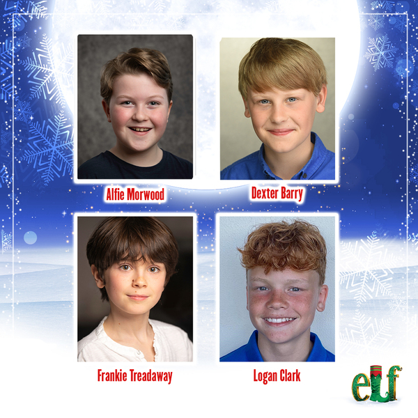 Headshots of the child cast of ELF featuring Alfie Morwood, Dexter Barry, Frankie Treadaway and Logan Clark.