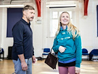 Rehearsals for From Here To Eternity, male and female cast member standing together. Photo by Pamela Raith..
