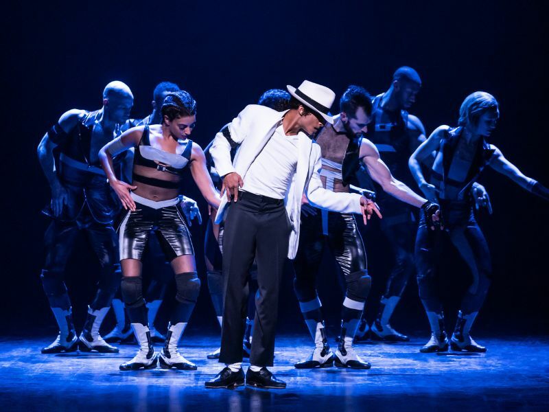 The Broadway Company of MJ on stage, dancing with cast member dressed as Michael Jackson - Photo by Matthew Murphy.