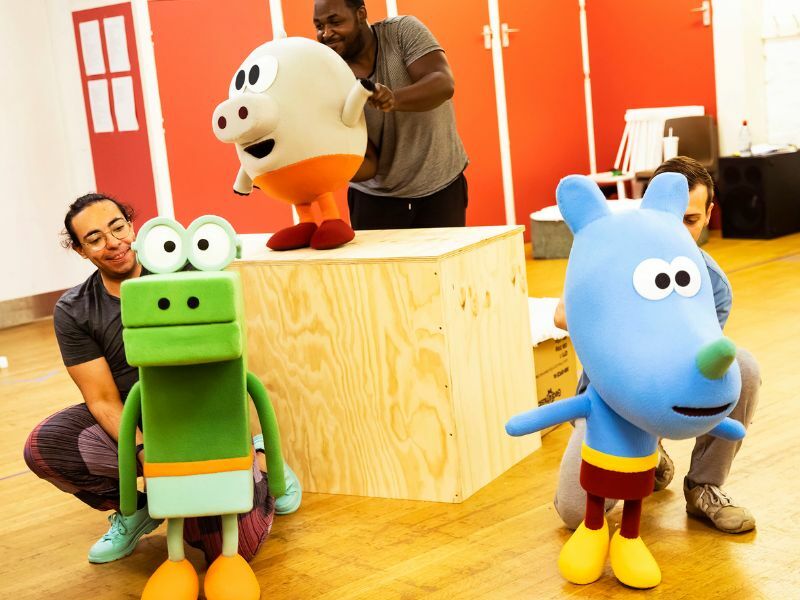 Kaidyn Niall Hinds, Clarke Joseph-Edwards and Vinnie Monachello in rehearsals for Hey Duggee The Live Theatre Show. Photography by Pamela Raith.