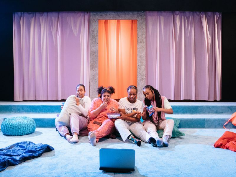l-r  Shayde Sinclair (Elle), Amber Grappy (Rey), Bukky Bukray (Funmi),  and Aliyah Odoffin (Shan) in SLEEPOVA at Bush Theatre. Photo credit Helen Murray. 