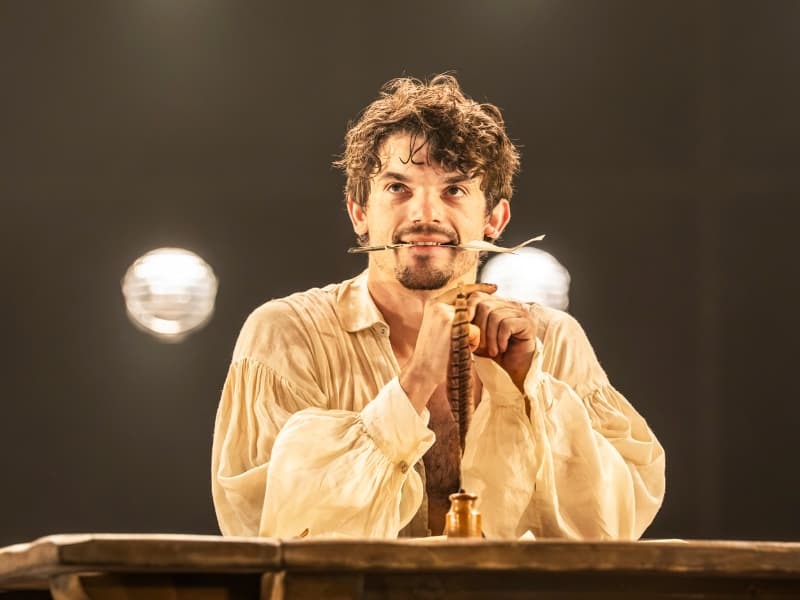 Edward Bluemel bites on a quill in Born With Teeth