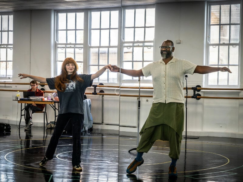 Nicola Roberts in the Hadestown rehearsal room with Chris Jarman