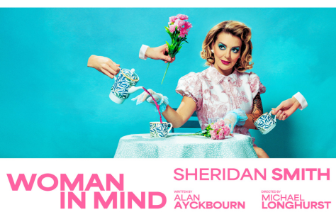 Sheridan Smith sits at a table as hands offer flowers and pour tea in a promotional image for Woman in Mind.
