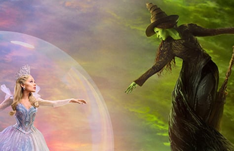 Cynthia Erivo as Elphaba reaches out to Ariana Grande as Glinda in her bubble in Wicked Part 2